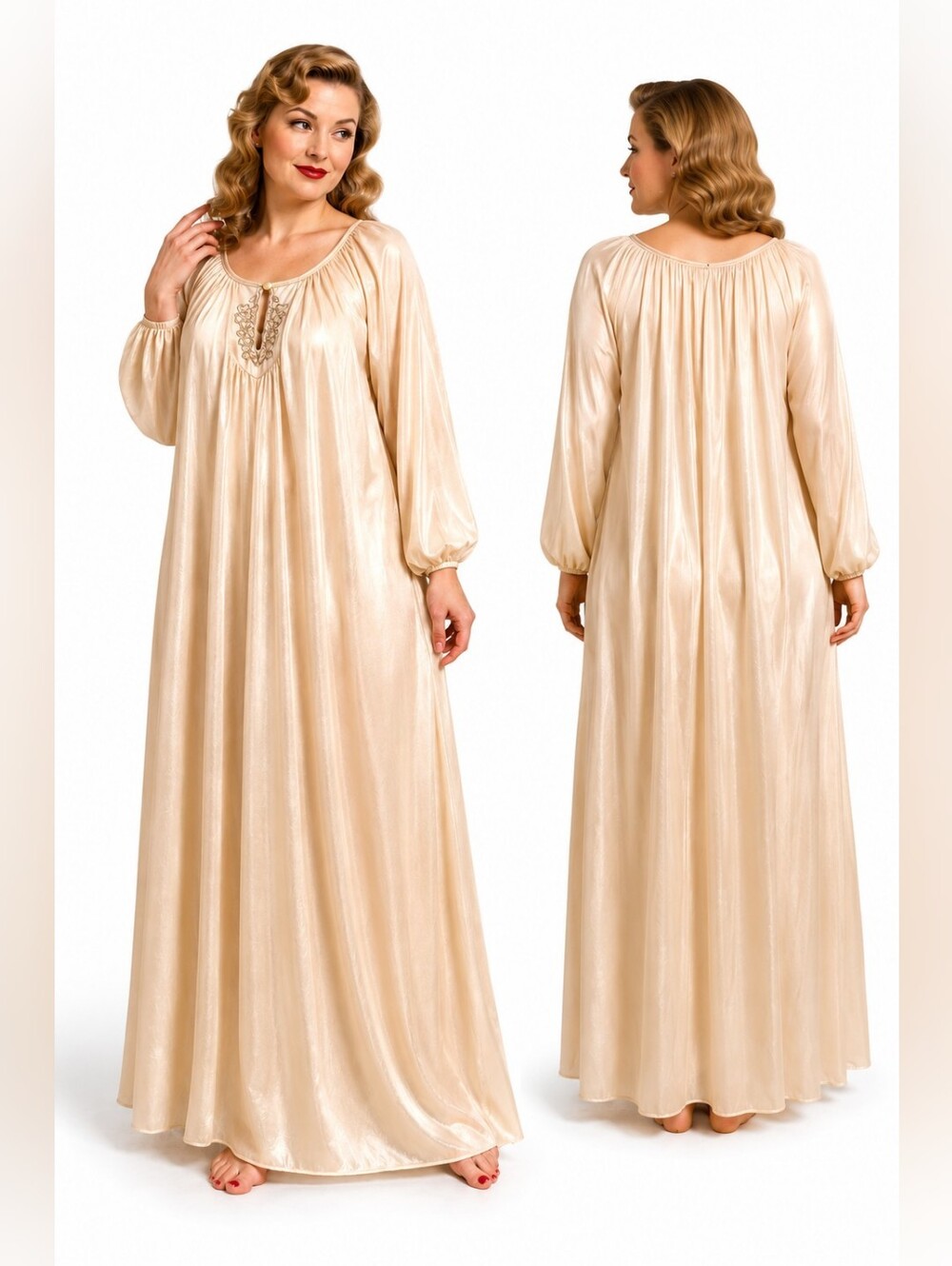 Vintage Champagne Nylon Nightgown Peignoir Style Long Sleeve Embroidered Made US